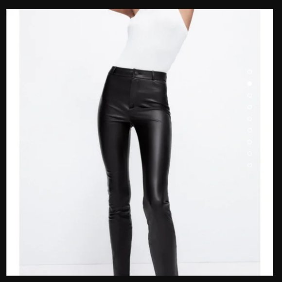 Zara Made in Turkey High Rise Ankle Zippers Black Faux Leather Slim Jeans wmns S - Picture 3 of 17